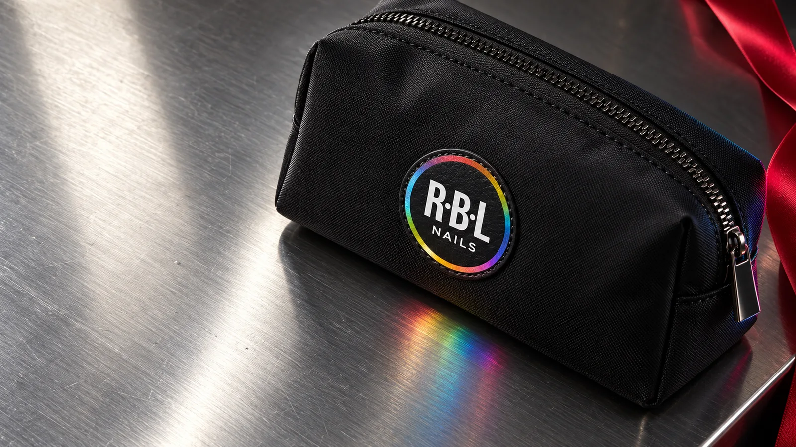 Studio di una pochette nera con marchio RBL e dettagli prismatici