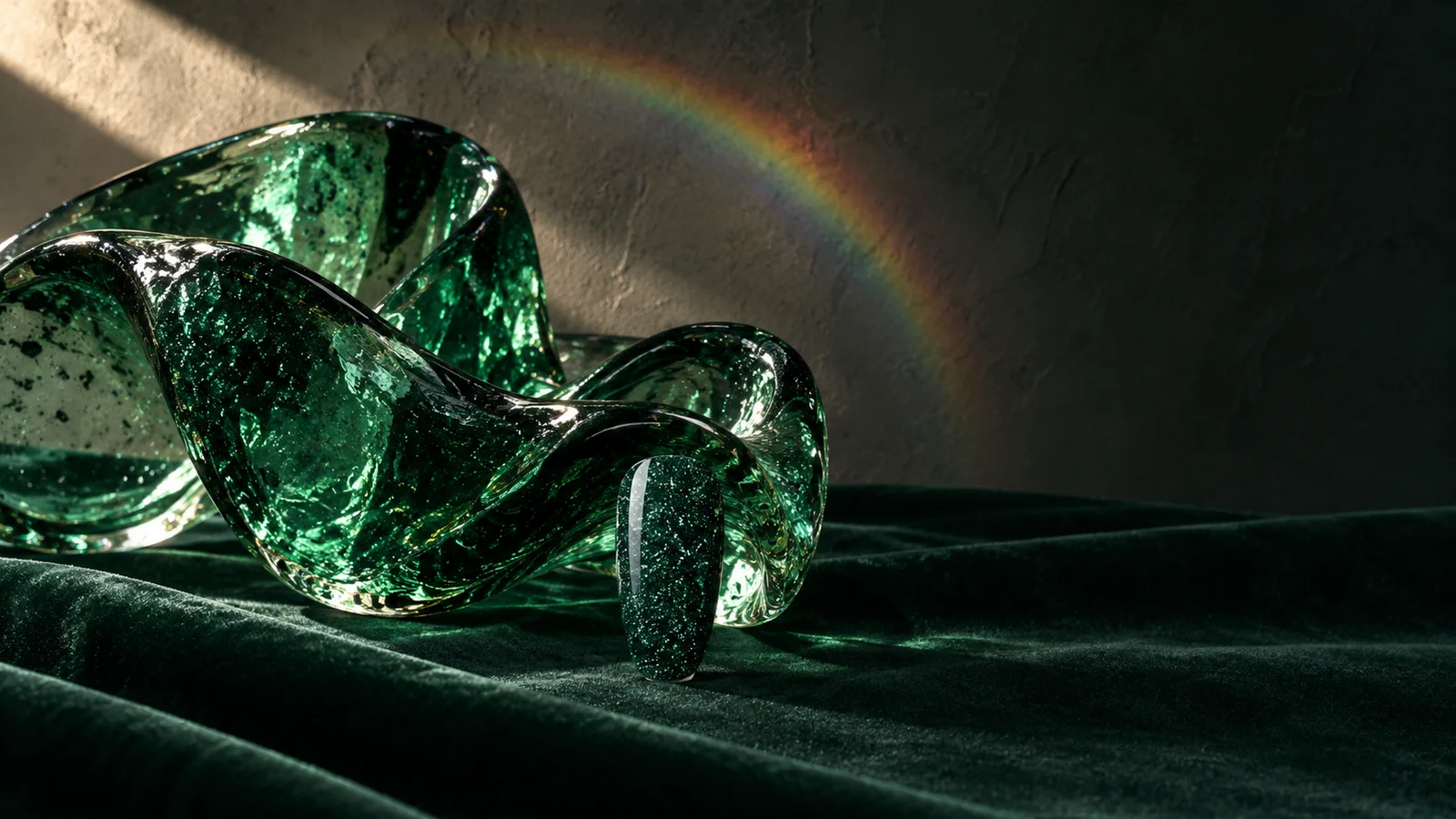 Vetro verde smeraldo su velluto, accanto a una TIP luminosa