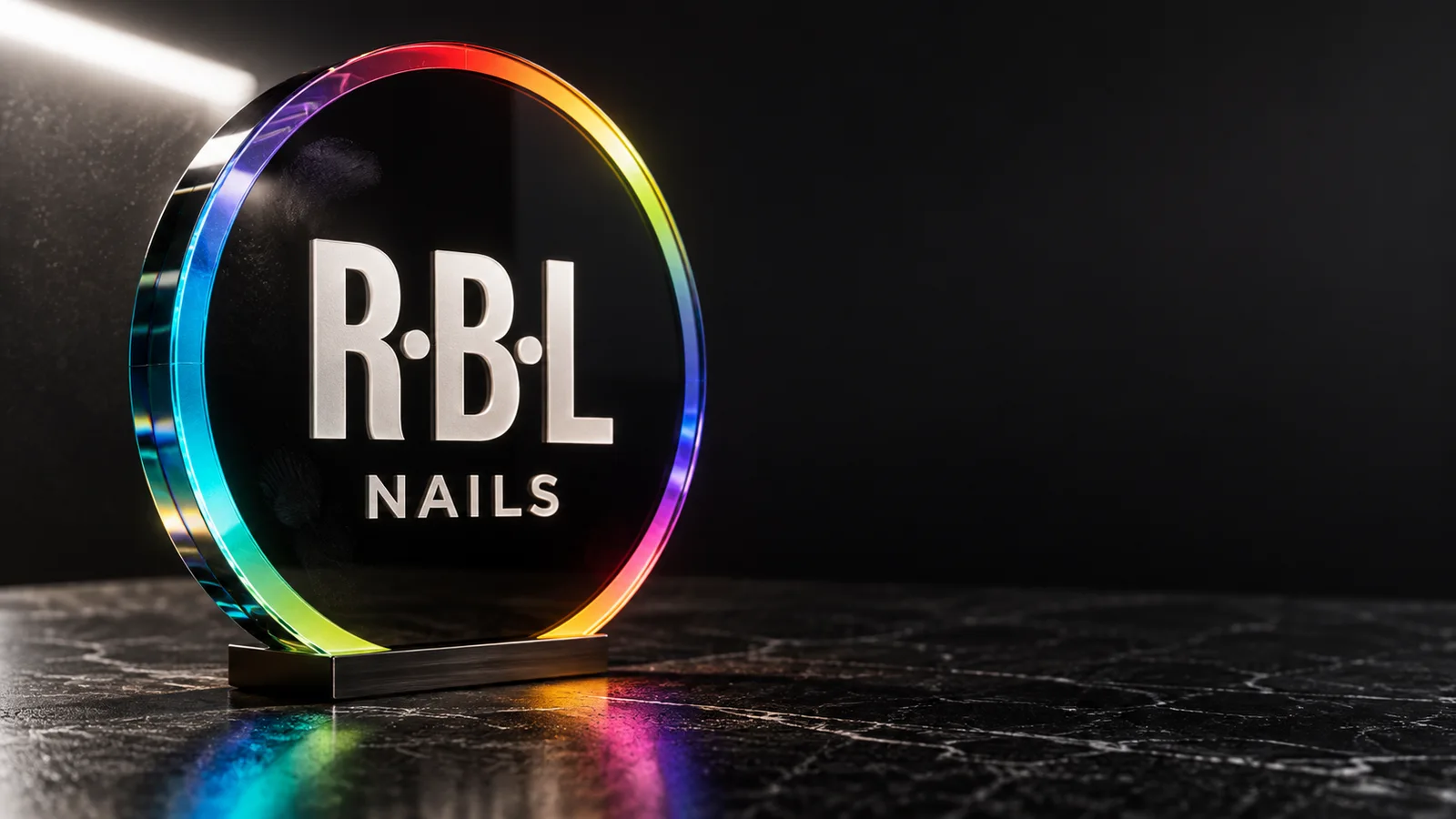 Interpretazione del logo RBL in vetro nero, con bordo prismatico luminoso