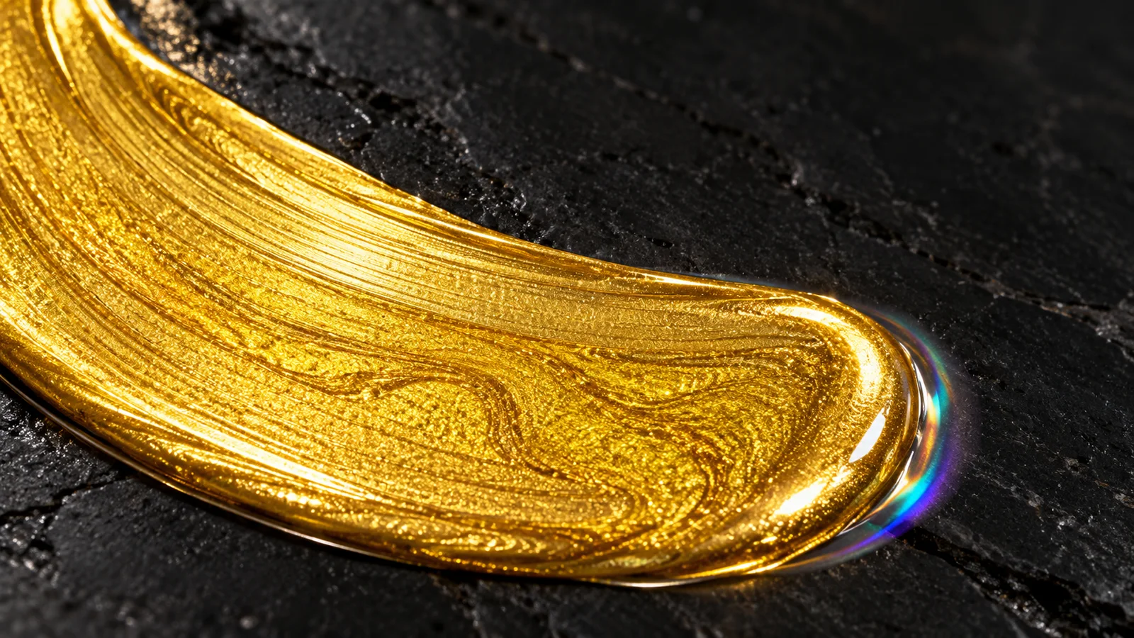 Studio macro di materia dorata con venature e riflessi su pietra nera