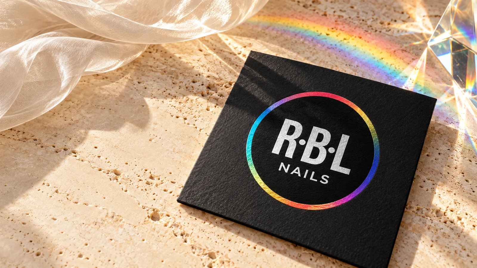Studio del logo RBL stampato su carta nera con lamina iridescente