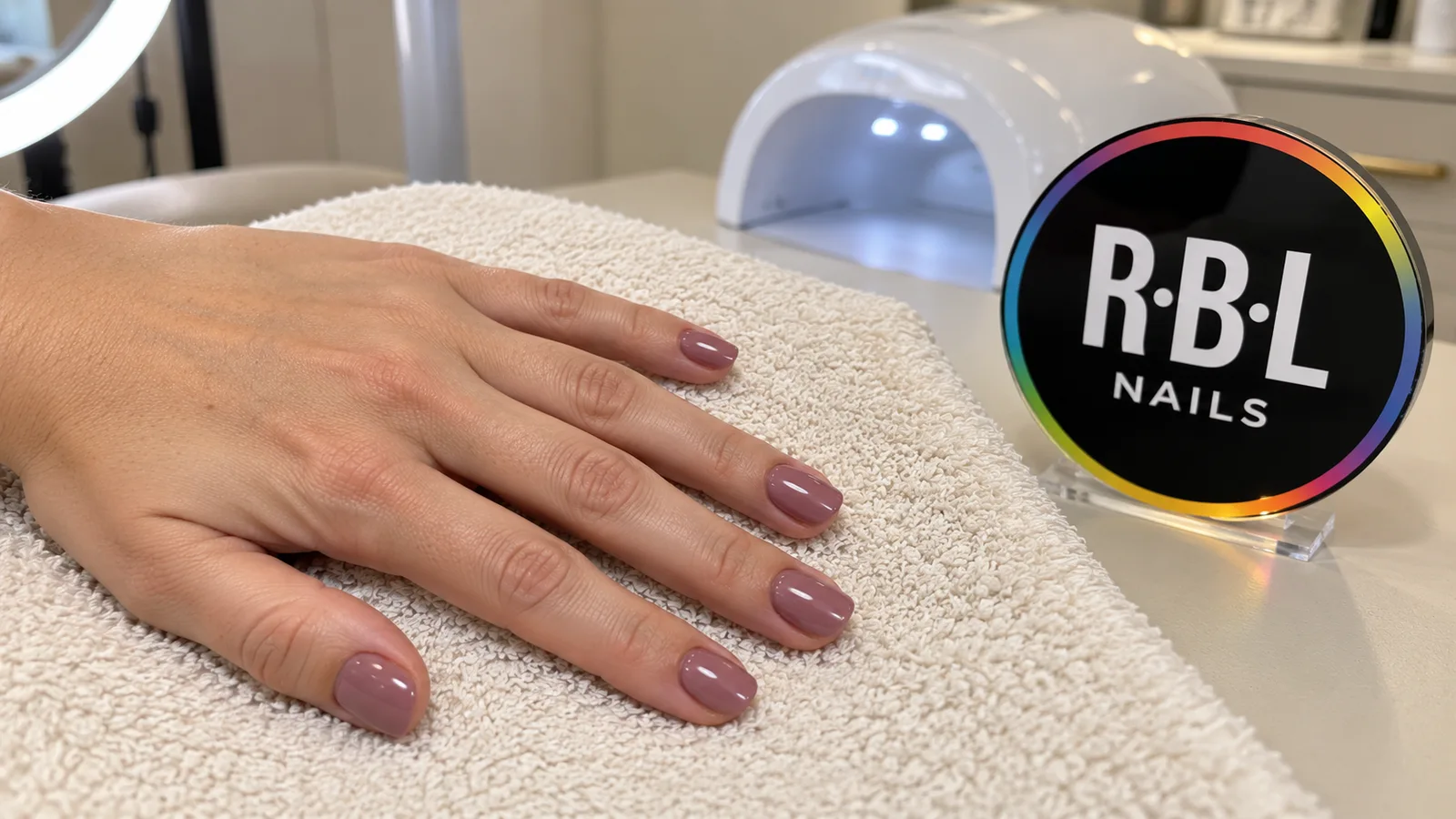 Scena di campagna in salone: manicure malva e insegna da banco RBL